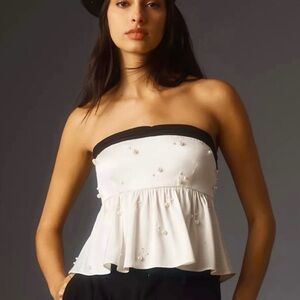Maeve White Strapless Peplum top with Black Trim